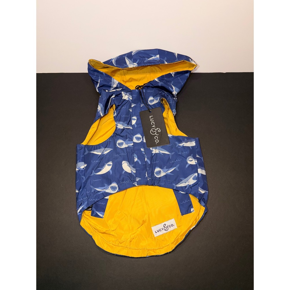Lucy & Co Shark Attack Dog Reversible Raincoat Hooded Pet Jacket Sz M NWT